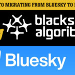 Graphic reading "A GUIDE TO MIGRATING FROM BLUESKY TO BLACKSKY" with an arrow pointing from a Bluesky butterfly logo to the blacksky algorithms four star logo