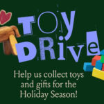 A festive flyer for a toy drive features toy blocks, a wooden horse, and a toy truck. It lists gift drop-off dates, address, an online link, and a giveaway event, with "Holiday Season" and "Another World" in bright text.