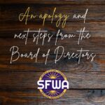 Graphic reading "An apology and next steps from the Board of Directors" in a cursive font over a logo for the SFWA