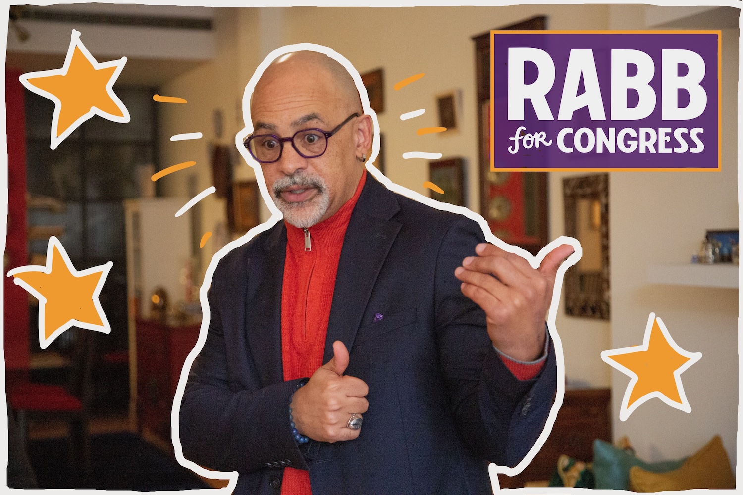 Photo of Chris Rabb gesturing with both hands while speaking. He's been outlined with a hand-drawn white line and a few hand-drawn stars surround him, along with a RABB FOR CONGRESS logo.