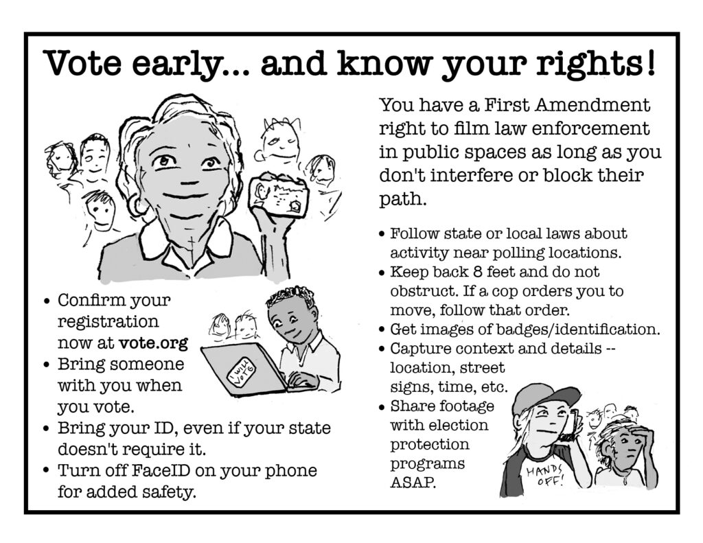 Pages 4/5. Text reads: 

Vote early... and know your rights!

* Confirm your registration now at vote.org
* Bring someone with you when you vote.
* Bring your ID, even if your state doesn't require it.
* Turn off FaceID on your phone for added safety.

You have a First Amendment right to film law enforcement in public spaces as long as you don't interfere or block their path.

* Follow state or local laws about activity near polling locations.
* Keep back 8 feet and do not obstruct. If a cop orders you to move, follow that order. 
* Get images of badges/identification. 
* Capture context and details -- location, street signs, time, etc.
* Share footage with election protection programs ASAP.

Drawings show a woman holding up her ID with a bunch of other votes behind her, a person on a laptop with a sticker saying "I WILL VOTE" and a vigilant person on a cellphone wearing a t-shirt reading "HANDS OFF!"